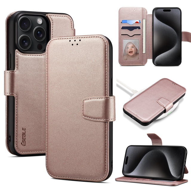 Dteck Women Men Case for iPhone 15 Pro,Magnetic Leather Card Slots Luxury Business Case Compatible MagSafe Flip Stand Cover for iPhone 15 Pro,Pink