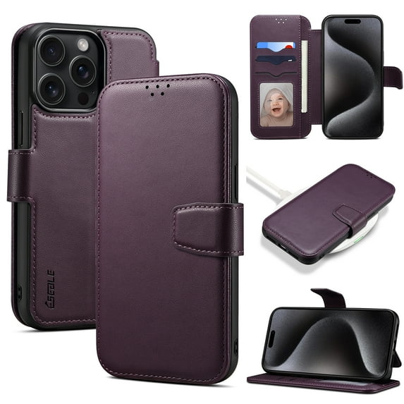 Dteck Women Men Case for iPhone 15 Pro,Magnetic Leather Card Slots Luxury Business Case Compatible MagSafe Flip Stand Cover for iPhone 15 Pro,Purple