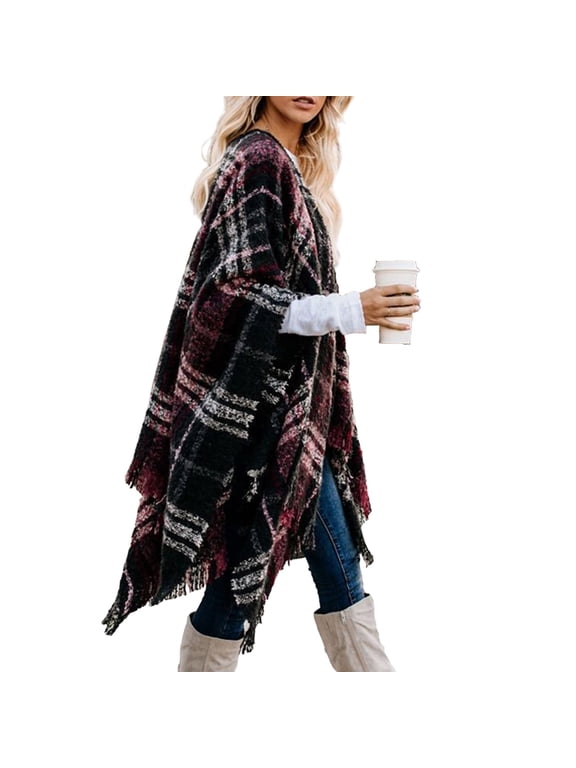 Women's Poncho Open Front Boho Plaid Blanket Scarf Cape - Oversized Knitted Tassel Cardigans Sweaters Outwear Coat Shawl Soft Warm Scarves for Women, Wine