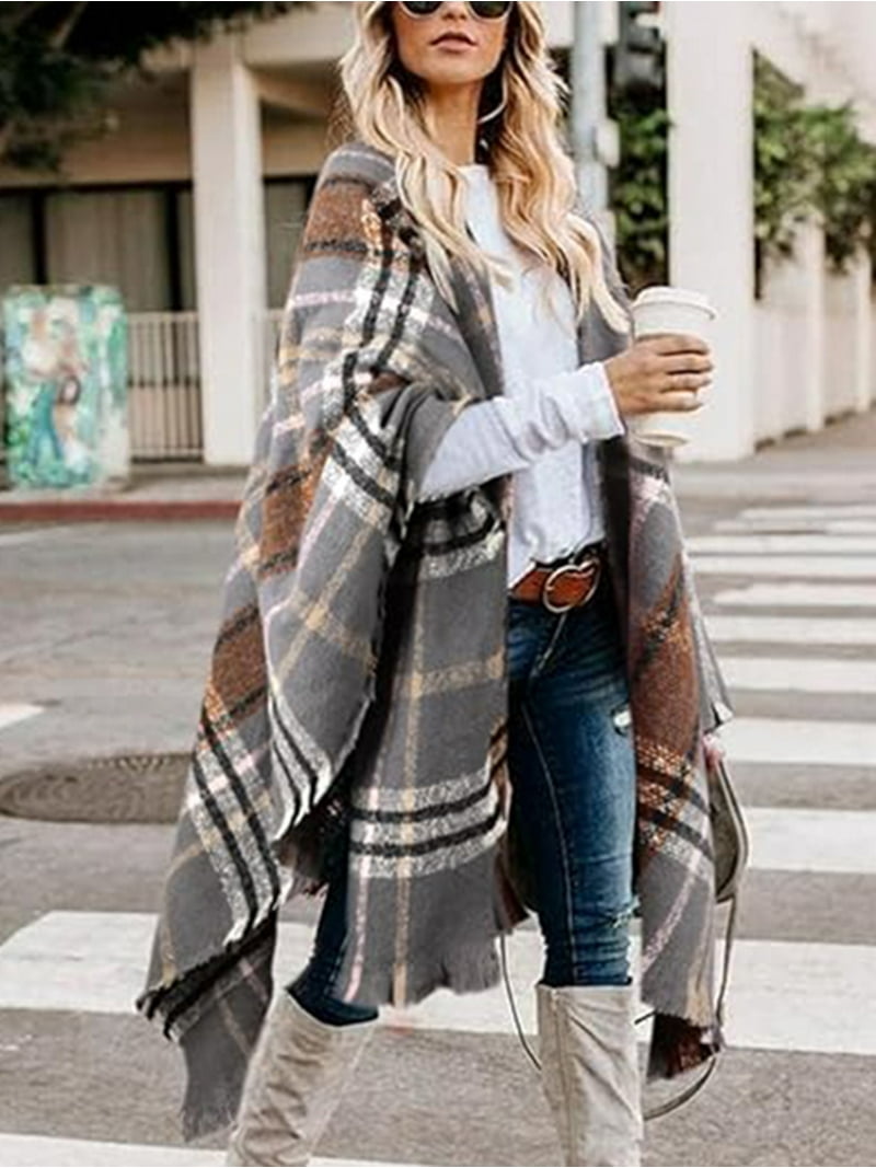 Dteck Women's Shawl Wrap Poncho Knitted Plaid Open Front Cardigan