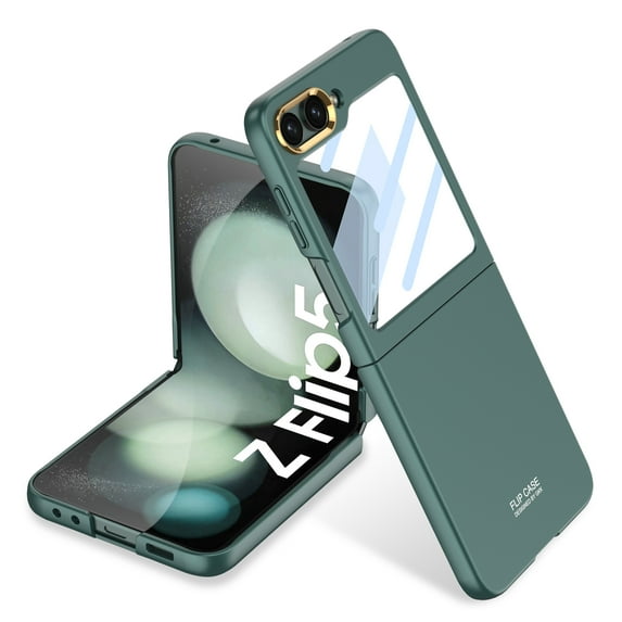 Dteck Z Flip 5 Case - Ultra-Thin Folding Shell with Electroplated Metal Lens Frame - Built-in Screen Protector Protection Case for Samsung Galaxy Z Flip 5,Darkgreen
