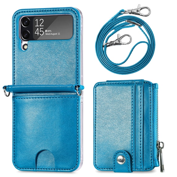 Dteck Zipper Wallet Case Compatible with Galaxy Z Flip 4 2022, Detachable Card Holder 2 Card Pocket Storage Premium PU Leather Adjustable Cross-body Strap Case Women Girls, Blue