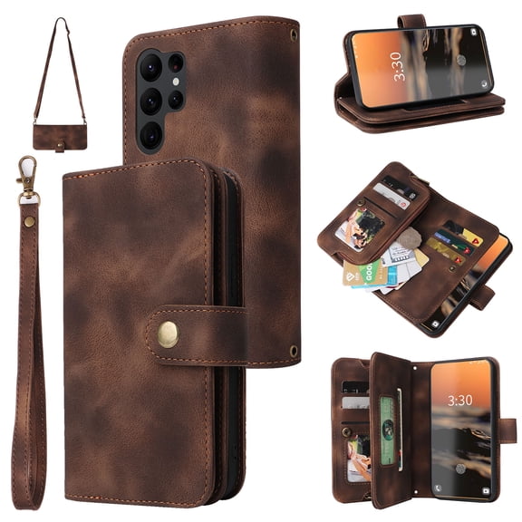 Dteck Zipper Wallet Case For Samsung Galaxy S23 Plus,Magnetic Leather Card Slots Case Heavy Duty Rubber Kickstand Cover with Wrist & Shoulder Strap for Galaxy S23+, Brown