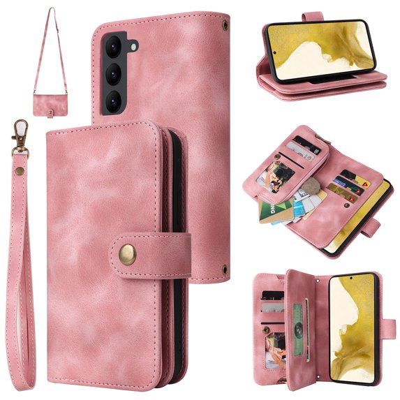 Dteck Zipper Wallet Case For Samsung Galaxy S23 Plus,Magnetic Leather Card Slots Case Heavy Duty Rubber Kickstand Cover with Wrist & Shoulder Strap for Galaxy S23+, Rosegold