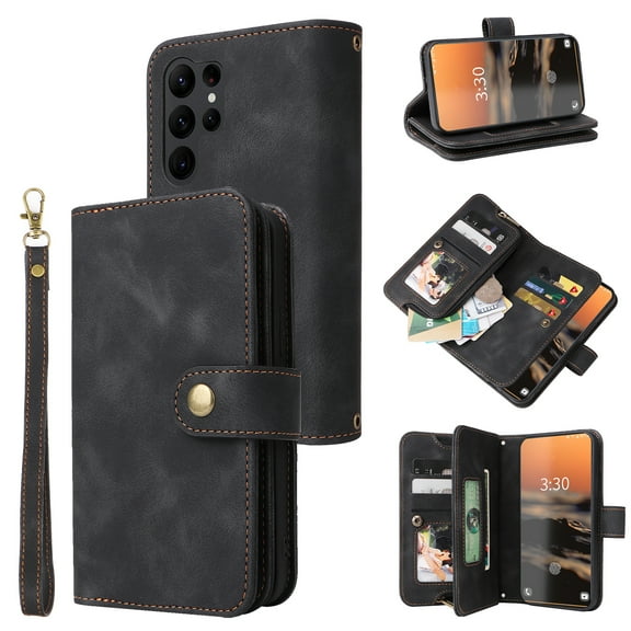 Dteck Zipper Wallet Case For Samsung Galaxy S23 Ultra,Magnetic Leather Card Slots Case Heavy Duty Rubber Kickstand Cover with Wrist & Shoulder Strap for Galaxy S23 Ultra,Black