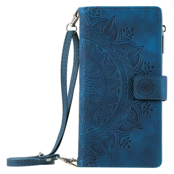 Dteck Zipper Wallet Case for Google Pixel 8A,Magnetic Durable PU Leather Flower Embossed Case Zipper Card Holder Wallet Kickstand Cover with Detachable Shoulder Strap/Wrist Strap,Blue