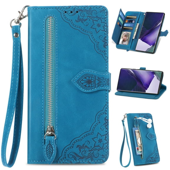 Dteck Zipper Wallet Case for Motorola Moto G 5G (2025),Magnetic Leather 7 Card Slots Zipper Wallet Case Shockproof Rubber Kickstand Cover with Wrist Strap,Blue