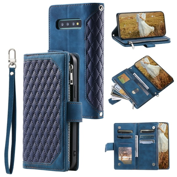 Dteck Zipper Wallet Case for Samsung Galaxy S10, Argyle Pattern Leather Case with Handstrap Crossbody Shoulder Strap Kickstand Card Slots Magnetic Shockproof Case For Samsung Galaxy S10,Blue