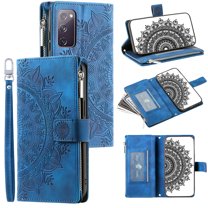 Dteck Zipper Wallet Case for Samsung Galaxy S20 FE,Magnetic Durable PU Leather Flower Embossed Case Zipper Card Holder Wallet Kickstand Cover with Detachable Shoulder Strap/Wrist Strap,Blue