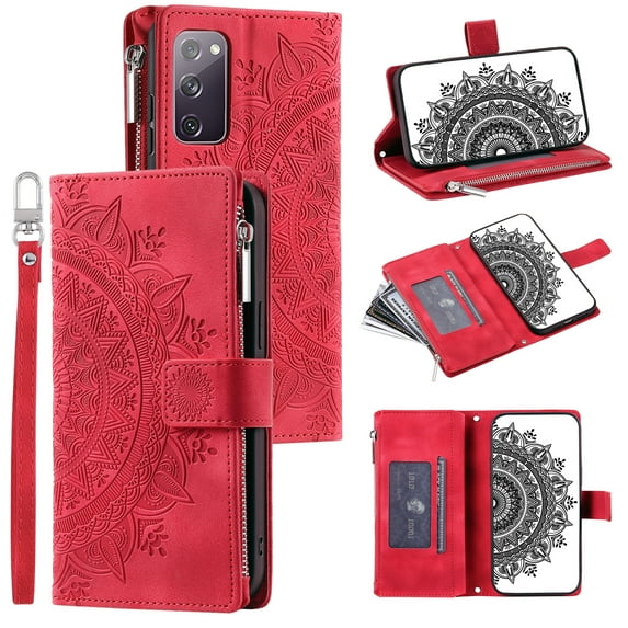 Dteck Zipper Wallet Case for Samsung Galaxy S20 FE,Magnetic Durable PU Leather Flower Embossed Case Zipper Card Holder Wallet Kickstand Cover with Detachable Shoulder Strap/Wrist Strap,Red