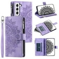 thumbnail image 1 of Dteck Zipper Wallet Case for Samsung Galaxy S21 FE,Magnetic Durable PU Leather Flower Embossed Case Zipper Card Holder Wallet Kickstand Cover with Detachable Shoulder Strap/Wrist Strap,Purple, 1 of 6