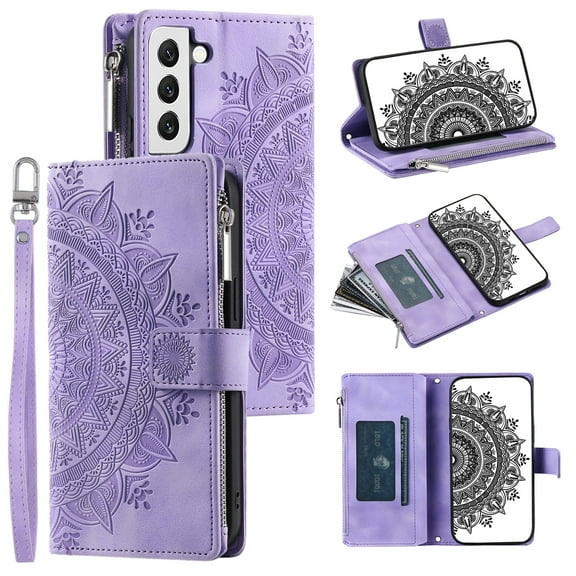 Dteck Zipper Wallet Case for Samsung Galaxy S21 FE,Magnetic Durable PU Leather Flower Embossed Case Zipper Card Holder Wallet Kickstand Cover with Detachable Shoulder Strap/Wrist Strap,Purple