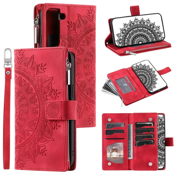 Dteck Zipper Wallet Case for Samsung Galaxy S21 FE,Magnetic Durable PU Leather Flower Embossed Case Zipper Card Holder Wallet Kickstand Cover with Detachable Shoulder Strap/Wrist Strap,Red