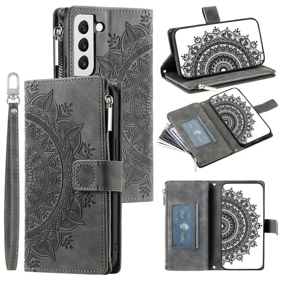 Dteck Zipper Wallet Case for Samsung Galaxy S21 FE,Magnetic Durable PU Leather Flower Embossed Case Zipper Card Holder Wallet Kickstand Cover with Detachable Shoulder Strap/Wrist Strap,Gray