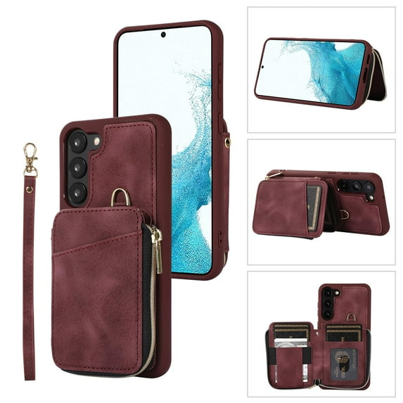 Dteck Zipper Wallet Case for Samsung Galaxy S23 Plus,Shockproof Leather 5 Card Slots Holder Wrist Crossbody Strap Handbag Protective Kickstand Cover for Galaxy S23+,Winered