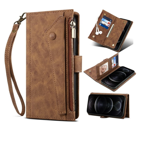 Dteck Zipper Wallet Case for Samsung Galaxy S23 Ultra,Magnetic Leather Card Pocket Crossbody Case Shockproof Rubber Kickstand Full Body Cover with Shoulder & Wrist Strap,Brown