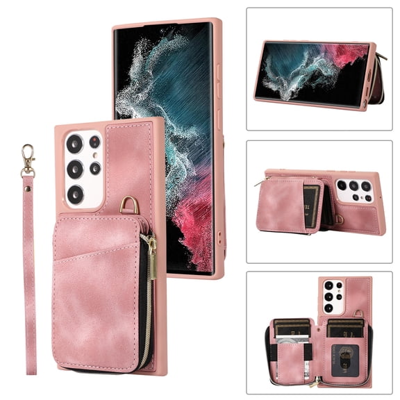 Dteck Zipper Wallet Case for Samsung Galaxy S23 Ultra,Shockproof Leather 5 Card Slots Holder Wrist Crossbody Strap Handbag Protective Kickstand Cover for Galaxy S23 Ultra,Pink