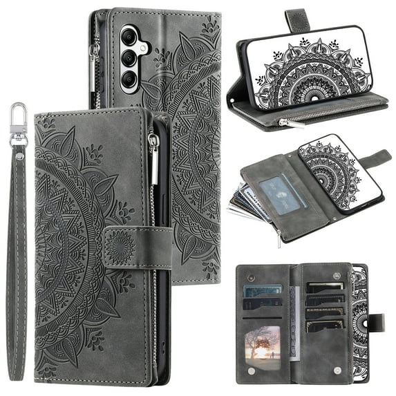 Dteck Zipper Wallet Case for Samsung Galaxy S24,Magnetic Durable PU Leather Flower Embossed Case Zipper Card Holder Wallet Kickstand Cover with Detachable Shoulder Strap/Wrist Strap,Gray