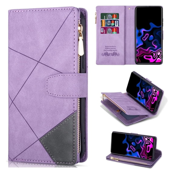 Dteck Zipper Wallet Case for Samsung Galaxy S24 Plus,Magnetic Closure Leather Case with RFID Blocking Premium Zipper Card Slots Protective Flip PU Kickstand Cover with Wrist Strap,Purple