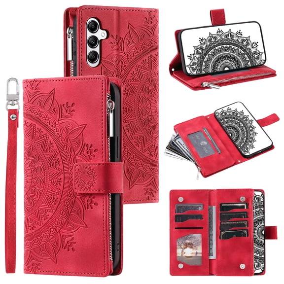 Dteck Zipper Wallet Case for Samsung Galaxy S24 Plus,Magnetic Durable PU Leather Flower Embossed Case Zipper Card Holder Wallet Kickstand Cover with Detachable Shoulder Strap/Wrist Strap,Red