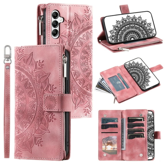 Dteck Zipper Wallet Case for Samsung Galaxy S24 Plus,Magnetic Durable PU Leather Flower Embossed Case Zipper Card Holder Wallet Kickstand Cover with Detachable Shoulder Strap/Wrist Strap,Pink