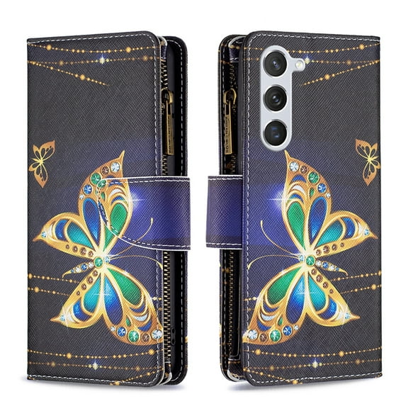 Dteck Zipper Wallet Case for Samsung Galaxy S24 Plus,Magnetic Leather Pattern Card Slots Case Shockproof Rubber Kickstand Full Body Protective Bag Cover,Gold Butterfly