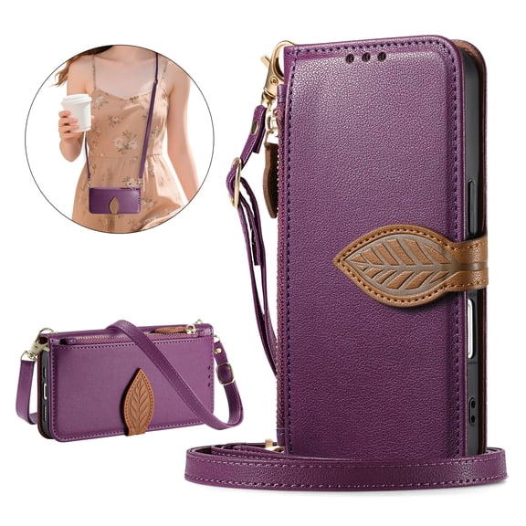 Dteck Zipper Wallet Case for Samsung Galaxy S24 Ultra,Magnetic Leather Card Slots Wallet Case with Shoulder Strap/Wrist Strap Shockproof Kickstand Cover,Purple