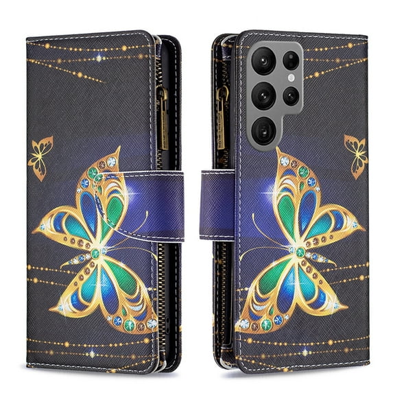Dteck Zipper Wallet Case for Samsung Galaxy S24 Ultra,Magnetic Leather Pattern Card Slots Case Shockproof Rubber Kickstand Full Body Protective Bag Cover,Gold Butterfly