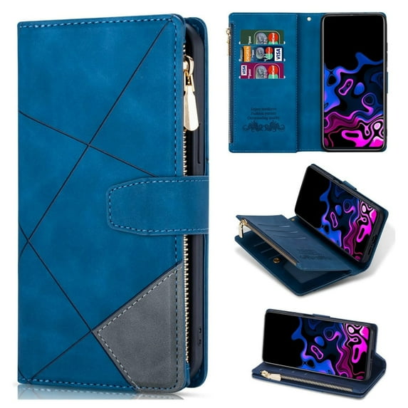 Dteck Zipper Wallet Case for Samsung Galaxy S25,Magnetic Closure Leather Case with RFID Blocking Premium Zipper Card Slots Protective Flip PU Kickstand Cover with Wrist Strap,Blue