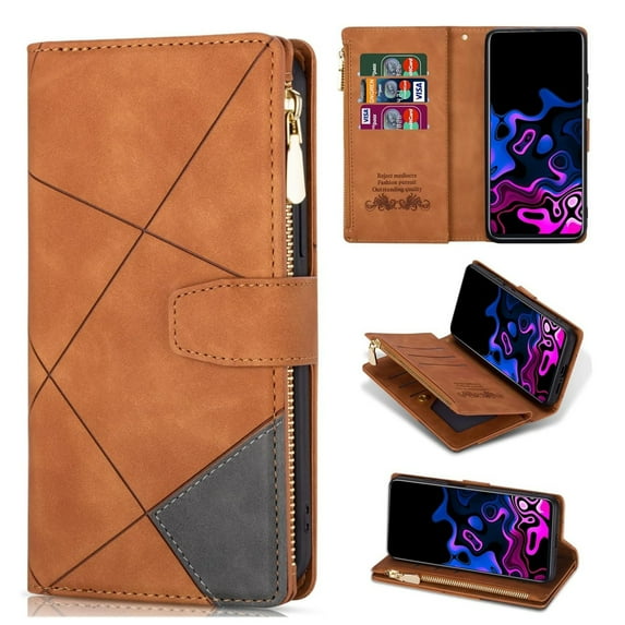 Dteck Zipper Wallet Case for Samsung Galaxy S25,Magnetic Closure Leather Case with RFID Blocking Premium Zipper Card Slots Protective Flip PU Kickstand Cover with Wrist Strap,Brown