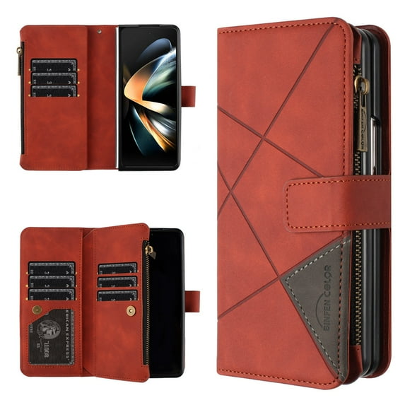 Dteck Zipper Wallet Case for Samsung Galaxy Z Fold 3,Magnetic Leather + PC Case with 9 Card Slots Pocket Flip Full Body Protective Cover for Galaxy Z Fold 3 5G,Brown