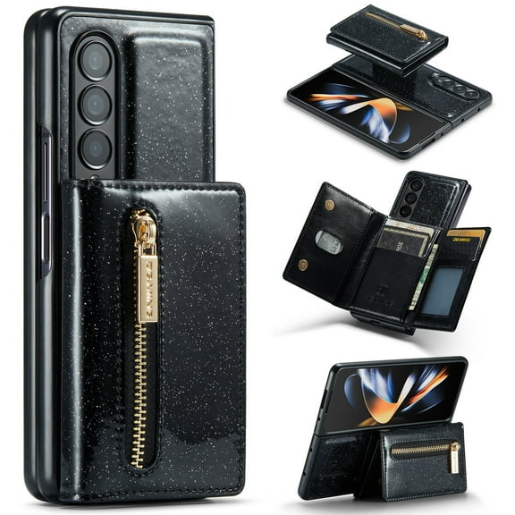 Dteck Zipper Wallet Case for Samsung Galaxy Z Fold 4,Premium Glitter PU Leather Case Bling Magnetic 2 in 1 Detachable Card Pocket Kickstand Shockproof Rubber Cover,Black