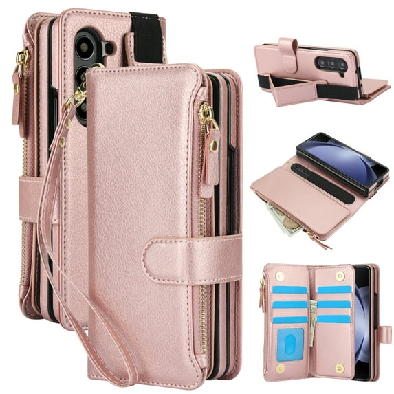 Dteck Zipper Wallet Case for Samsung Galaxy Z Fold 6,Magnetic Leather Card Slot Cash Pocket Case with Pen Holder Shockproof Hand Strap Heavy Duty Cover for Galaxy Z Fold 6,Rosegold