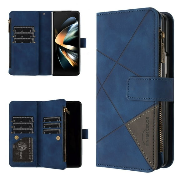 Dteck Zipper Wallet Case for Samsung Galaxy Z Fold 7,Magnetic Leather + PC Case with 9 Card Slots Pocket Flip Full Body Protective Cover for Galaxy Z Fold 7 5G,Blue