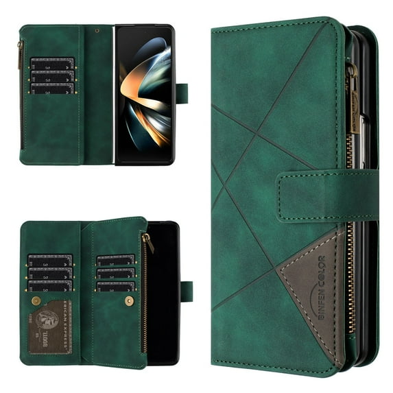 Dteck Zipper Wallet Case for Samsung Galaxy Z Fold 7,Magnetic Leather + PC Case with 9 Card Slots Pocket Flip Full Body Protective Cover for Galaxy Z Fold 7 5G,Green