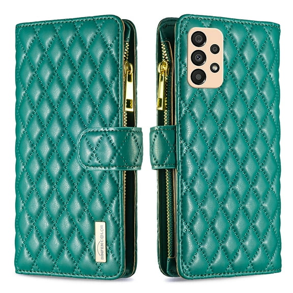 Dteck Zipper Wallet Case for Samsung Galaxy A33 5G,Luxury Leather Magnetic Closure Folio Flip Holder 9 Card Slots Phone Case with Wrist Strap,Green