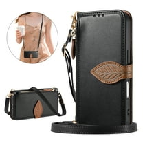 Dteck Zipper Wallet Case for iPhone 17 Pro,Magnetic Leather Card Slots Wallet Case with Shoulder Strap/Wrist Strap Shockproof Kickstand Cover,Black