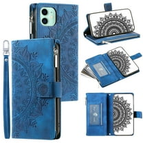 Dteck Zipper Wallet Case for iPhone 11,Magnetic Durable PU Leather Flower Embossed Case Zipper Card Holder Wallet Kickstand Cover with Detachable Shoulder Strap/Wrist Strap,Blue