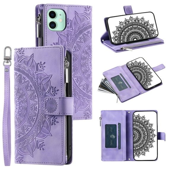 Dteck Zipper Wallet Case for iPhone 11,Magnetic Durable PU Leather Flower Embossed Case Zipper Card Holder Wallet Kickstand Cover with Detachable Shoulder Strap/Wrist Strap,Purple