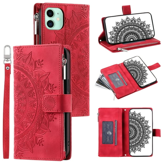 Dteck Zipper Wallet Case for iPhone 11,Magnetic Durable PU Leather Flower Embossed Case Zipper Card Holder Wallet Kickstand Cover with Detachable Shoulder Strap/Wrist Strap,Red