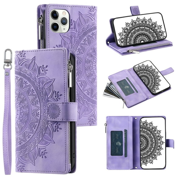 Dteck Zipper Wallet Case for iPhone 11 Pro,Magnetic Durable PU Leather Flower Embossed Case Zipper Card Holder Wallet Kickstand Cover with Detachable Shoulder Strap/Wrist Strap,Purple