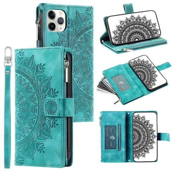 Dteck Zipper Wallet Case for iPhone 11 Pro,Magnetic Durable PU Leather Flower Embossed Case Zipper Card Holder Wallet Kickstand Cover with Detachable Shoulder Strap/Wrist Strap,Green