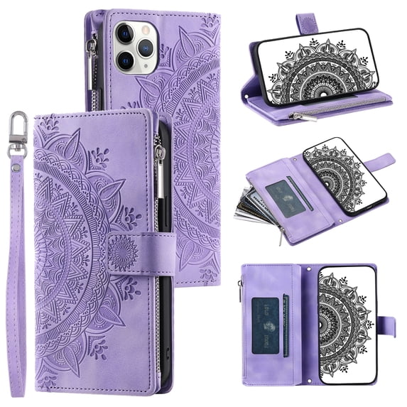 Dteck Zipper Wallet Case for iPhone 11 Pro Max,Magnetic Durable PU Leather Flower Embossed Case Zipper Card Holder Wallet Kickstand Cover with Detachable Shoulder Strap/Wrist Strap,Purple