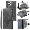thumbnail image 1 of Dteck Zipper Wallet Case for iPhone 11 Pro Max,Magnetic Durable PU Leather Flower Embossed Case Zipper Card Holder Wallet Kickstand Cover with Detachable Shoulder Strap/Wrist Strap,Gray, 1 of 6