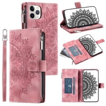Dteck Zipper Wallet Case for iPhone 11 Pro Max,Magnetic Durable PU Leather Flower Embossed Case Zipper Card Holder Wallet Kickstand Cover with Detachable Shoulder Strap/Wrist Strap,Pink
