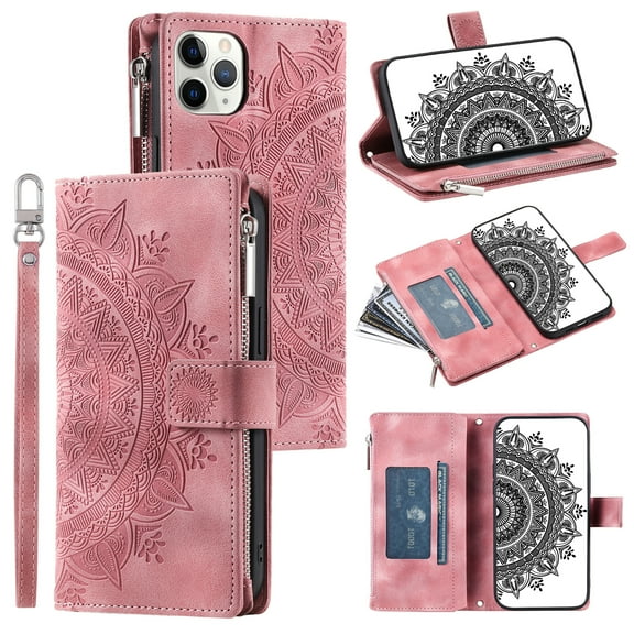 Dteck Zipper Wallet Case for iPhone 11 Pro Max,Magnetic Durable PU Leather Flower Embossed Case Zipper Card Holder Wallet Kickstand Cover with Detachable Shoulder Strap/Wrist Strap,Pink