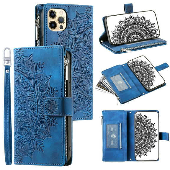 Dteck Zipper Wallet Case for iPhone 12 Pro Max,Magnetic Durable PU Leather Flower Embossed Case Zipper Card Holder Wallet Kickstand Cover with Detachable Shoulder Strap/Wrist Strap,Blue