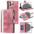 thumbnail image 1 of Dteck Zipper Wallet Case for iPhone 12 Pro,iPhone 12 Magnetic Durable PU Leather Flower Embossed Case Zipper Card Holder Wallet Kickstand Cover with Detachable Shoulder Strap/Wrist Strap,Pink, 1 of 6