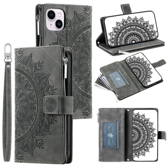 Dteck Zipper Wallet Case for iPhone 13,Magnetic Durable PU Leather Flower Embossed Case Zipper Card Holder Wallet Kickstand Cover with Detachable Shoulder Strap/Wrist Strap,Gray