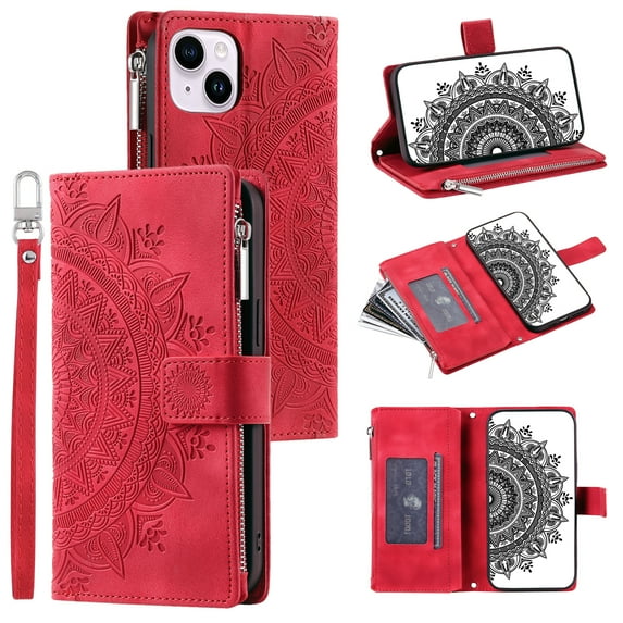 Dteck Zipper Wallet Case for iPhone 13,Magnetic Durable PU Leather Flower Embossed Case Zipper Card Holder Wallet Kickstand Cover with Detachable Shoulder Strap/Wrist Strap,Red